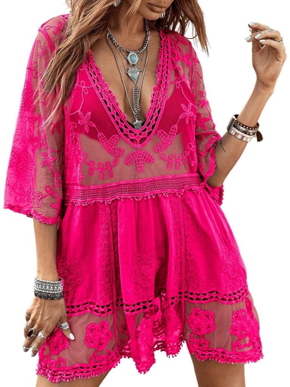 Women's Hot Pink Rayon V-Neck Coverup Mesh Lace Bathing Suit Swimsuit Coverup - Picture 1 of 6